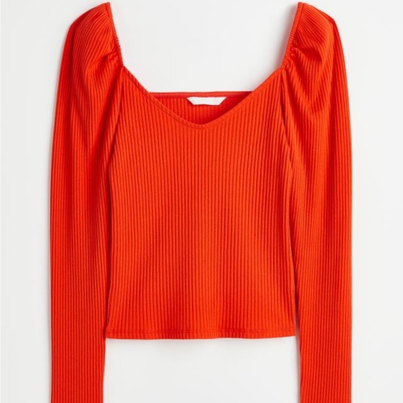 H&M Ribbed Puff Sleeve Top in Bright Orange - Picture 1 of 7